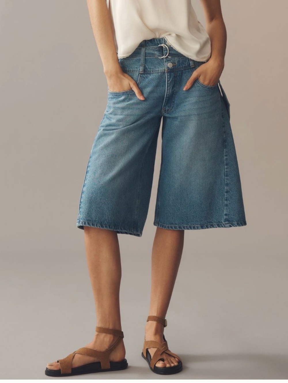 Pilcro Wide Leg Denim Culotte Shorts in Medium Blue